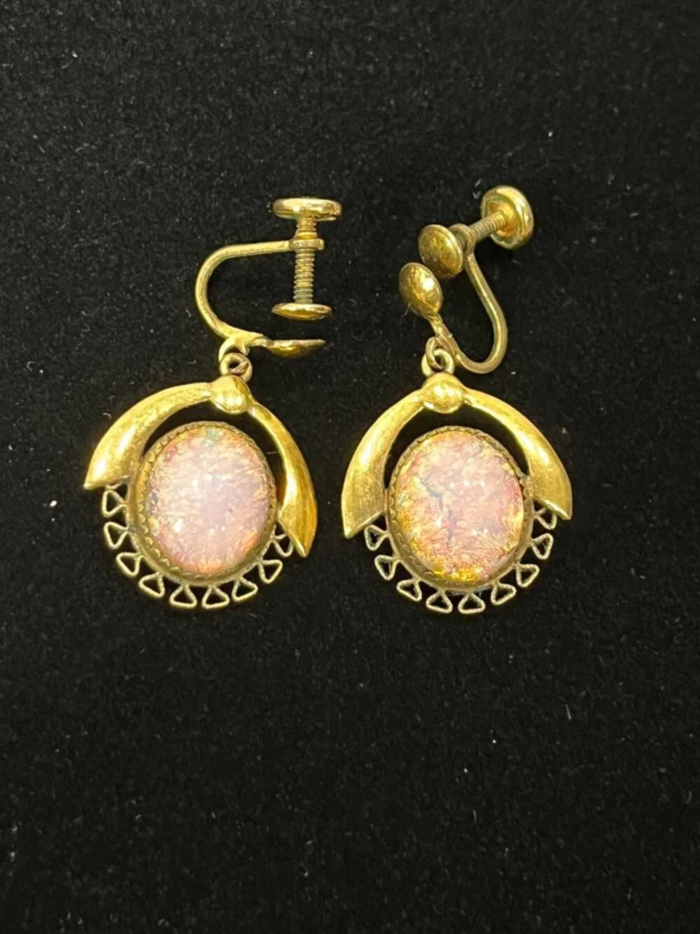 1/20 14k GF Opalite Earrings Midcentury ornate dangle unique screw on